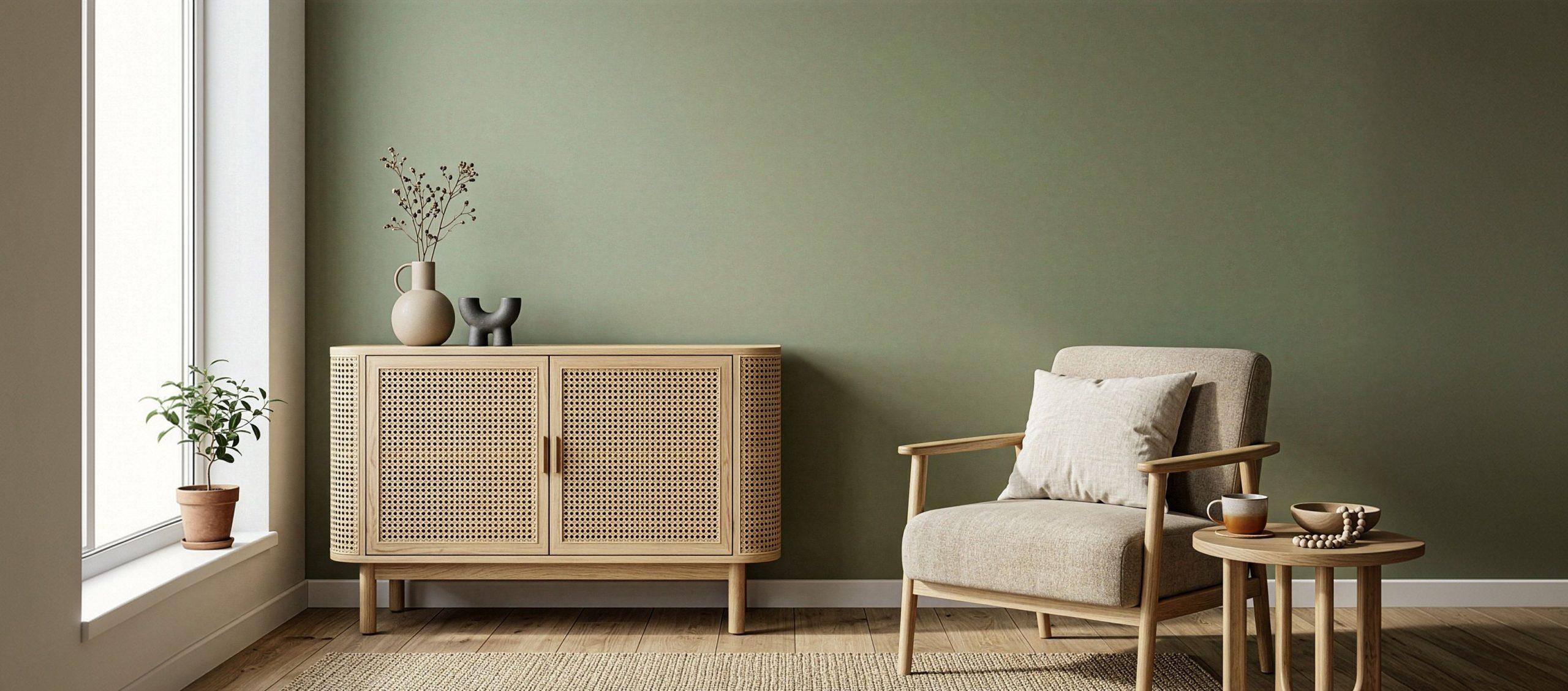 A calm therapy room with an armchair, side table and plants