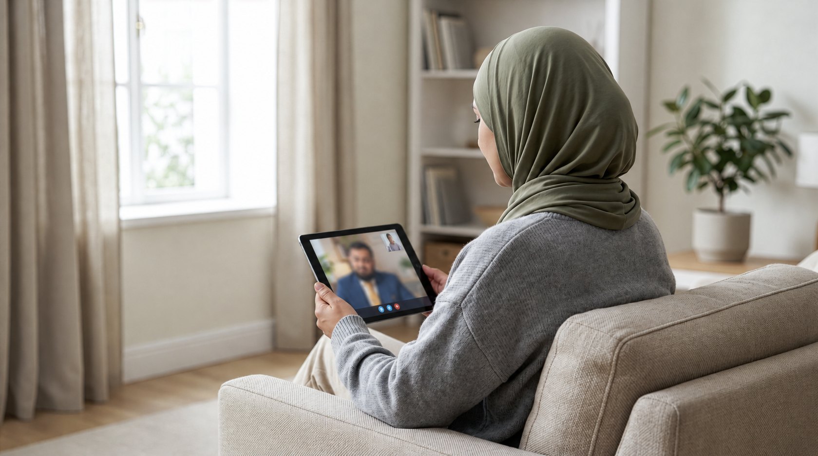 A woman in a headscarf on a video call with her therapist on a tablet