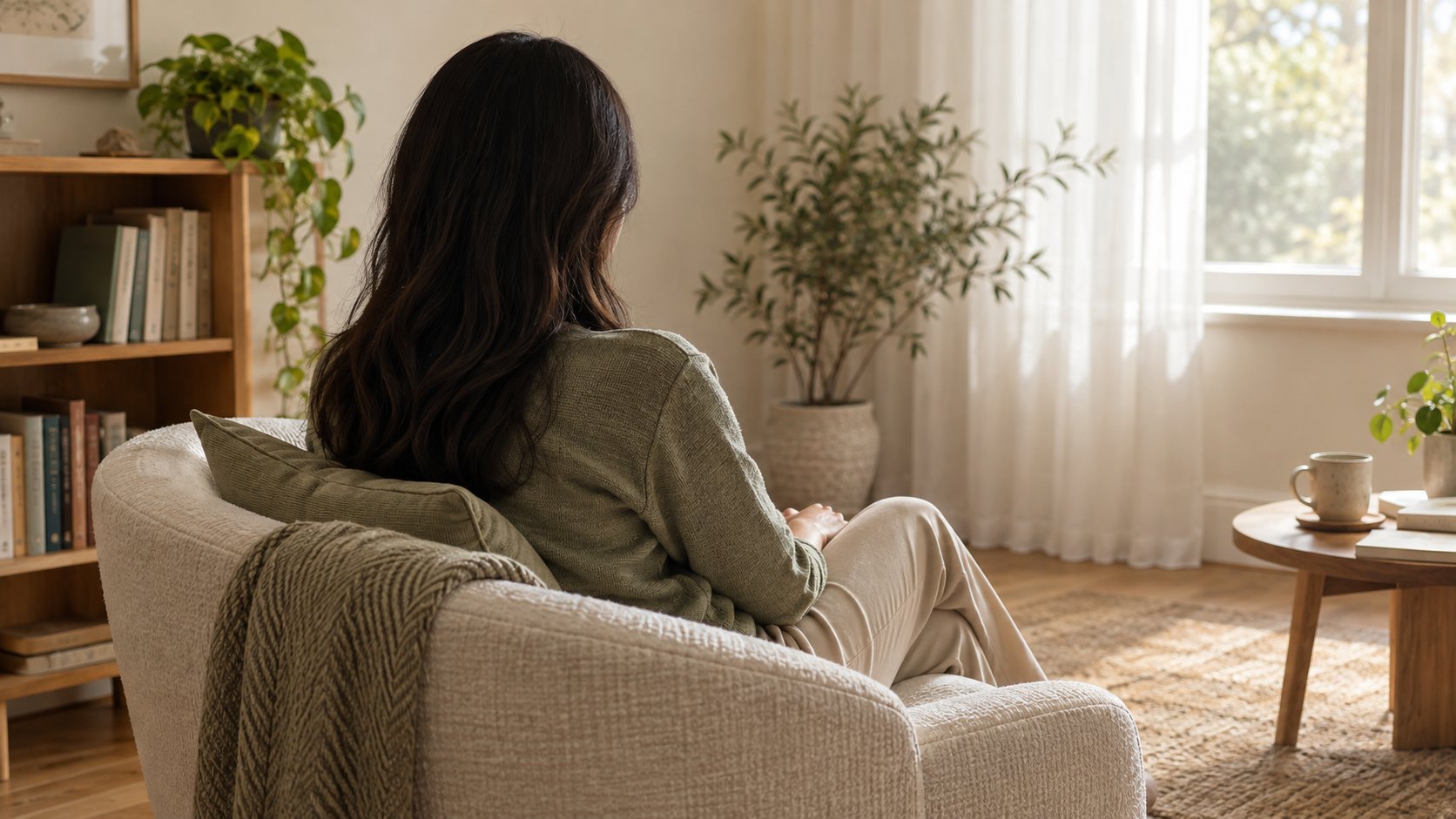 A woman sitting in a calm living room