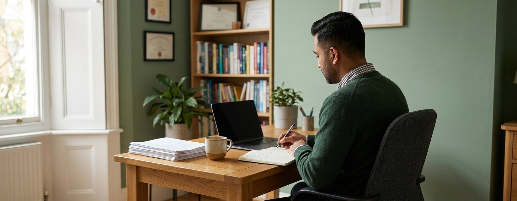 A therapist working at a desk by the window