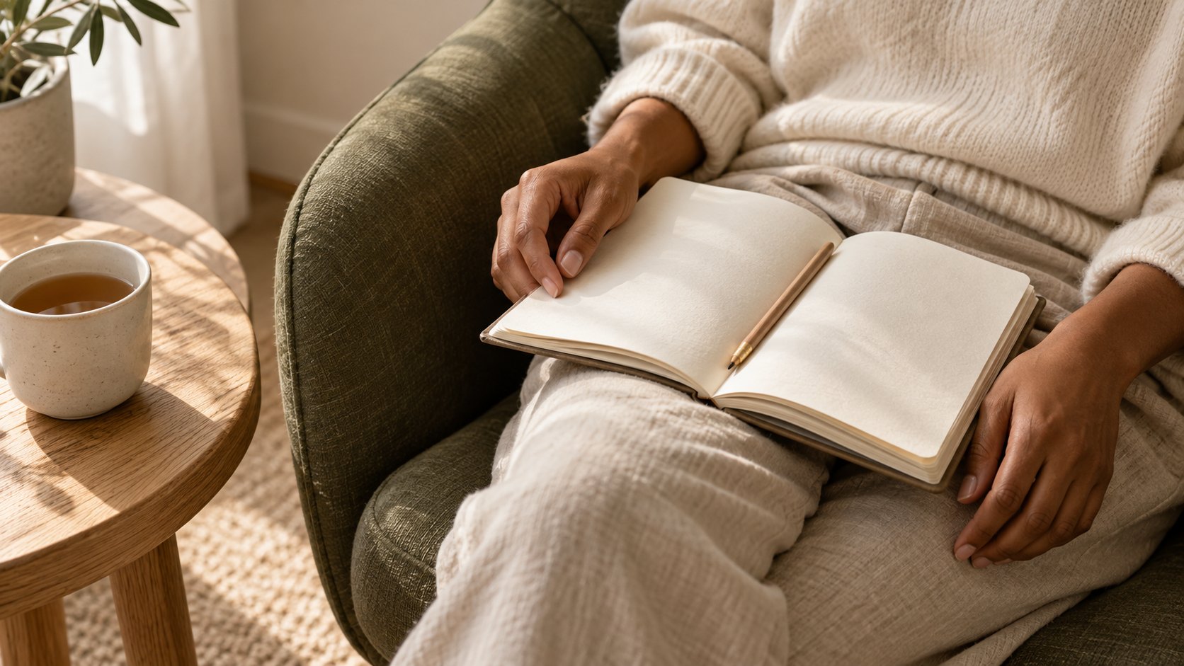 Hands holding an open notebook