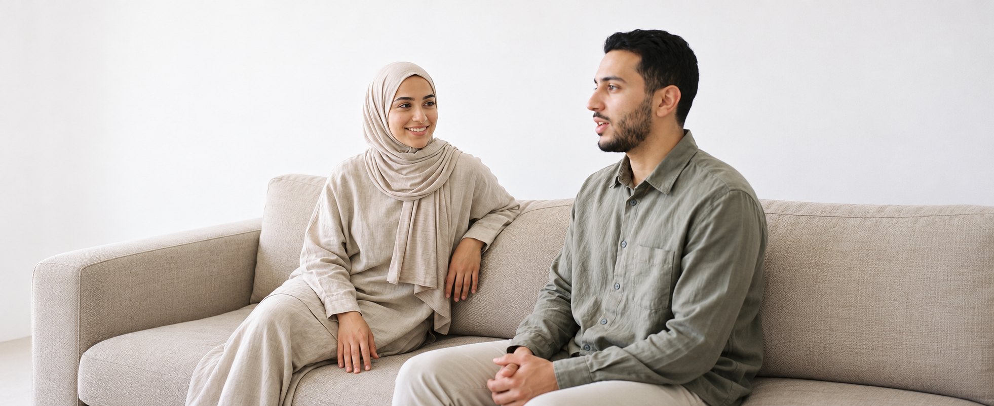 A therapist and a client talking on a sofa